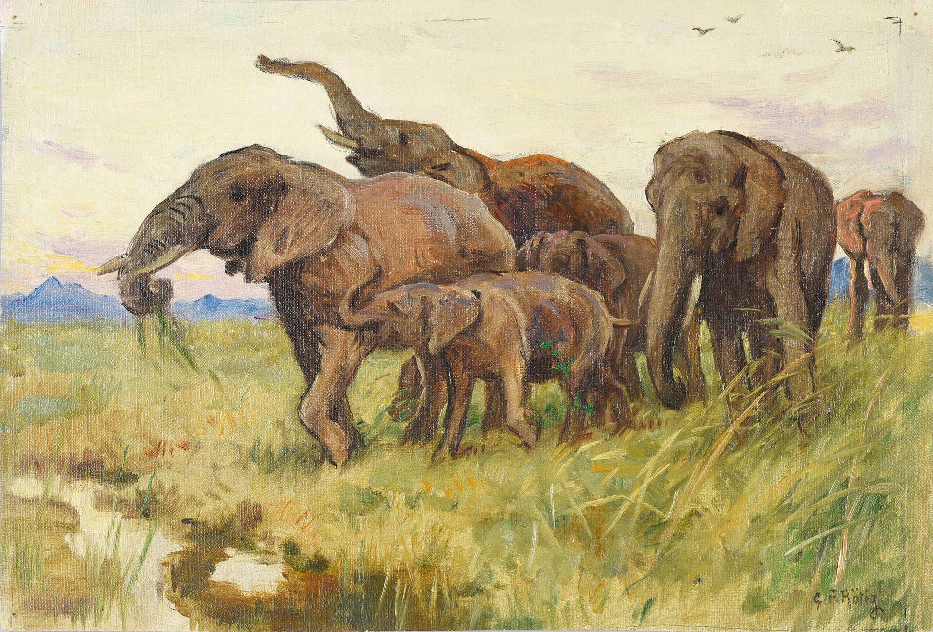 Georges Frédéric ROTIG (1873 - 1961) Troupeau d'éléphants.
Huile sur toile, sign&hellip;