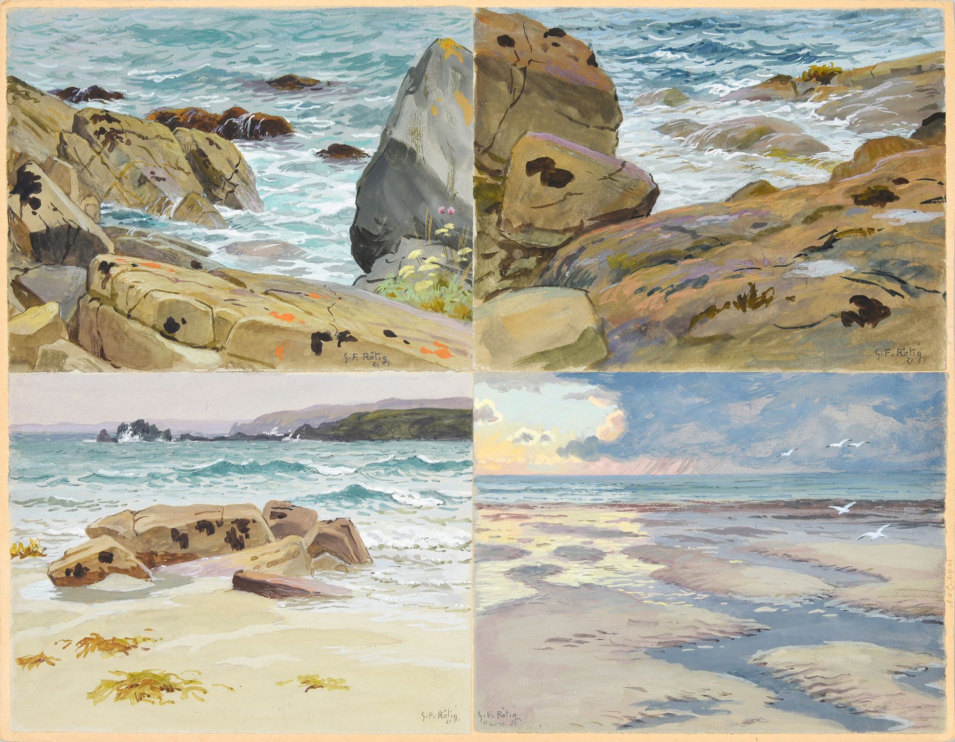 Georges Frédéric ROTIG (1873 - 1961) 四幅海的景色。
水粉水彩画，三幅有签名，右下方有日期21，第四幅有签名，日期29，左下&hellip;