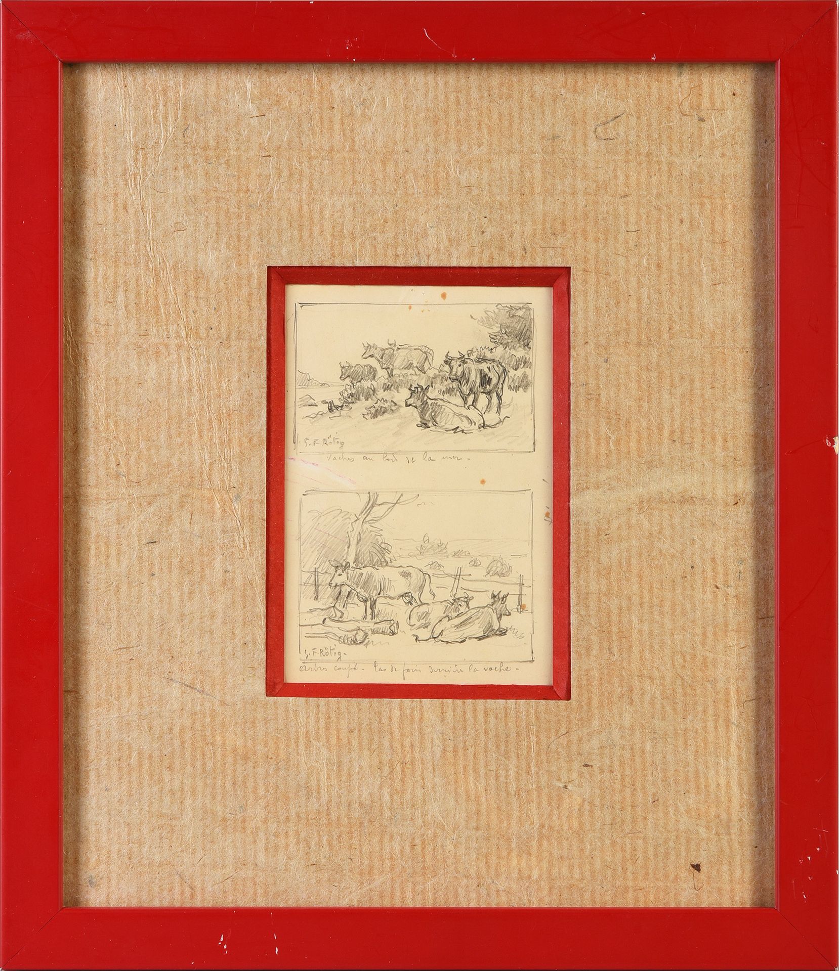 Georges Frédéric ROTIG (1873 - 1961) 牛的研究。
铅笔画，左下角有签名，并注有 "海边的奶牛 "和 "砍树，奶牛后面没有干草&hellip;