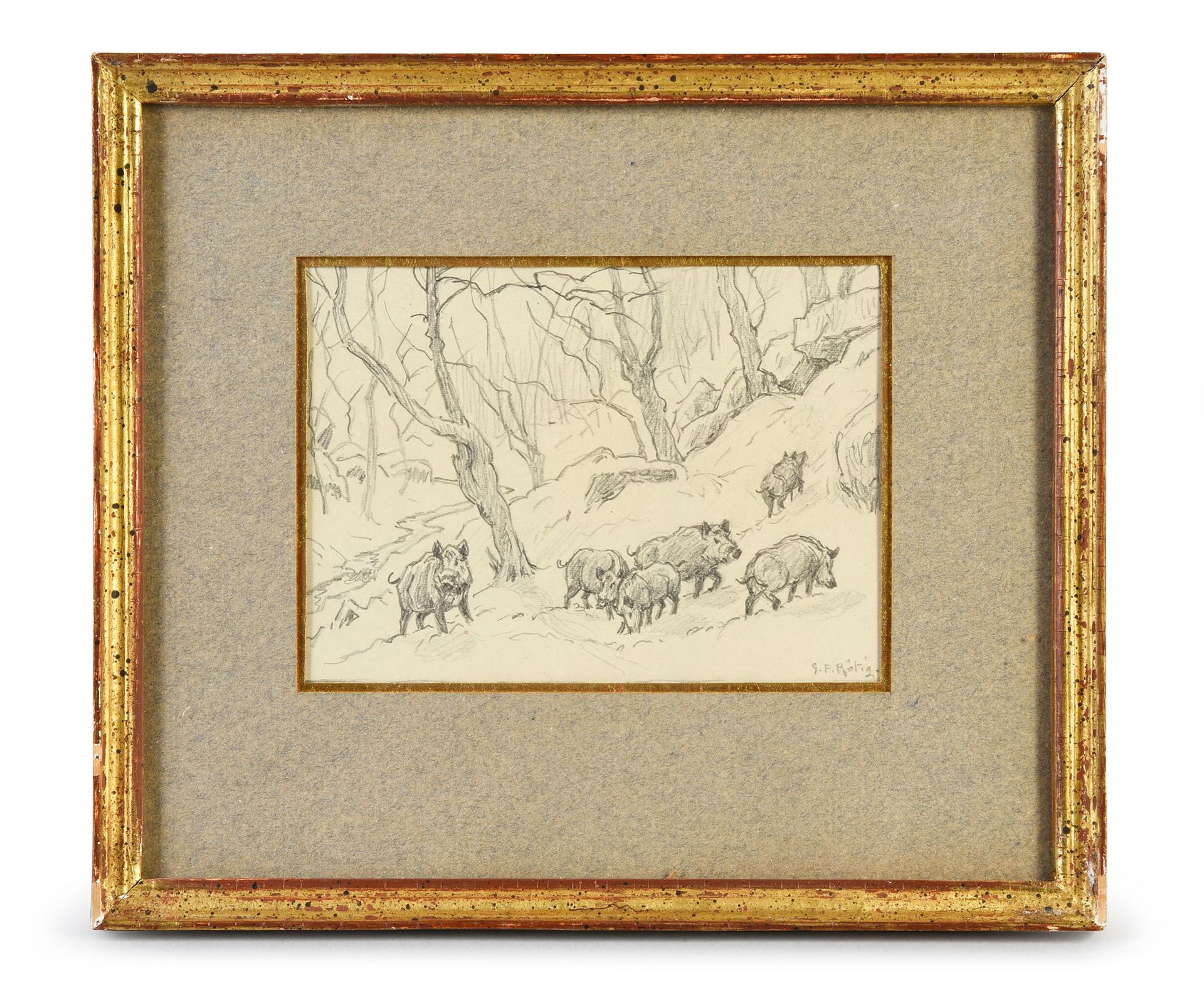 Georges Frédéric ROTIG (1873 - 1961) 雪中的野猪。
铅笔，右下方有签名。
已装裱。
见图：7.5 x 10.5厘米。