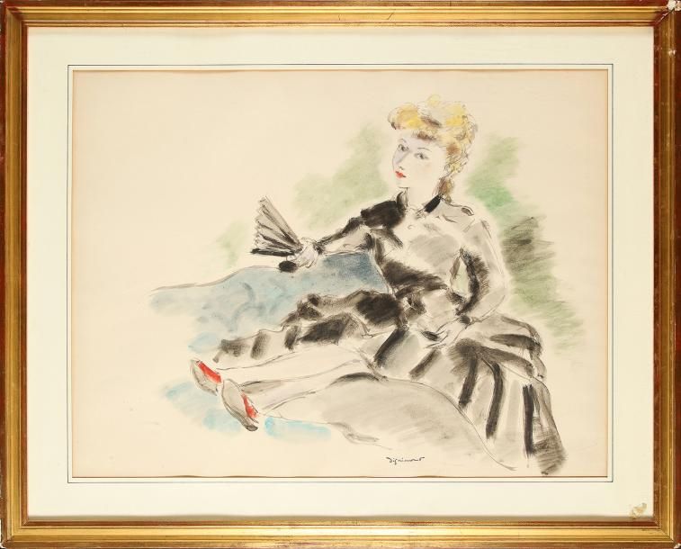 André DIGNIMONT (1891-1965) Jeune femme à l'éventail Aquarelle signée en bas ver&hellip;