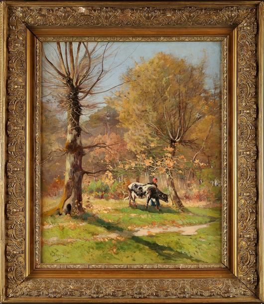 Raoul DOSQUE (1860-1937) Vache et sa gardienne au sous-bois Huile sur toile sign&hellip;