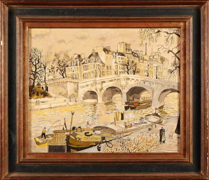 Dany LARTIGUE (1921) Le Pont Neuf Lavis d'encre à rehauts de gouache sur papier &hellip;