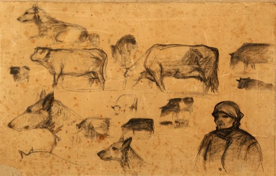 Pierre Eugène MONTEZIN (1874-1946) Etudes de vaches et de chiens Fusain sur pann&hellip;