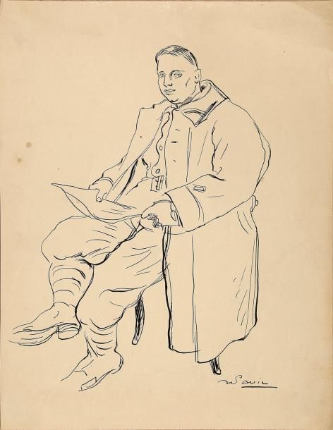 Pavil (XIXe, XXe) Soldat assis lisant Dessin à la plume signé en bas à droite