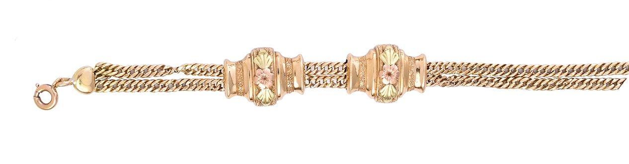 Null 三种色调的 18K 金（750 足金）手链，双链上饰有粉红金和绿金花朵图案的两个滑块。弹簧环扣。
长度：18.5 厘米 - 重量：12.7 克
法国作&hellip;