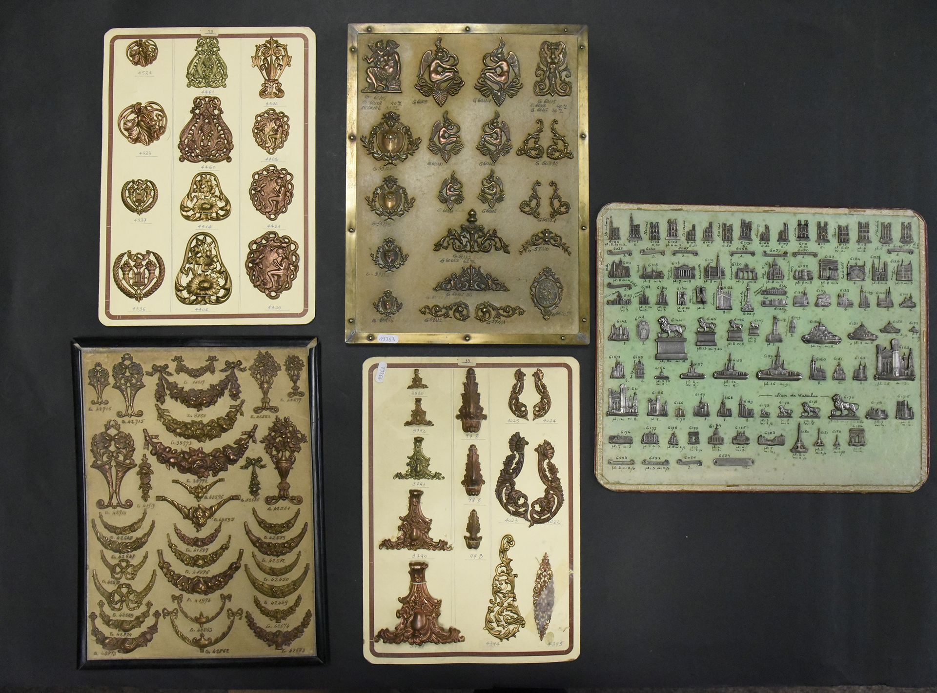 Null Five presentation plates of stamped metal ornaments, Prat et Joseph, Paris,&hellip;