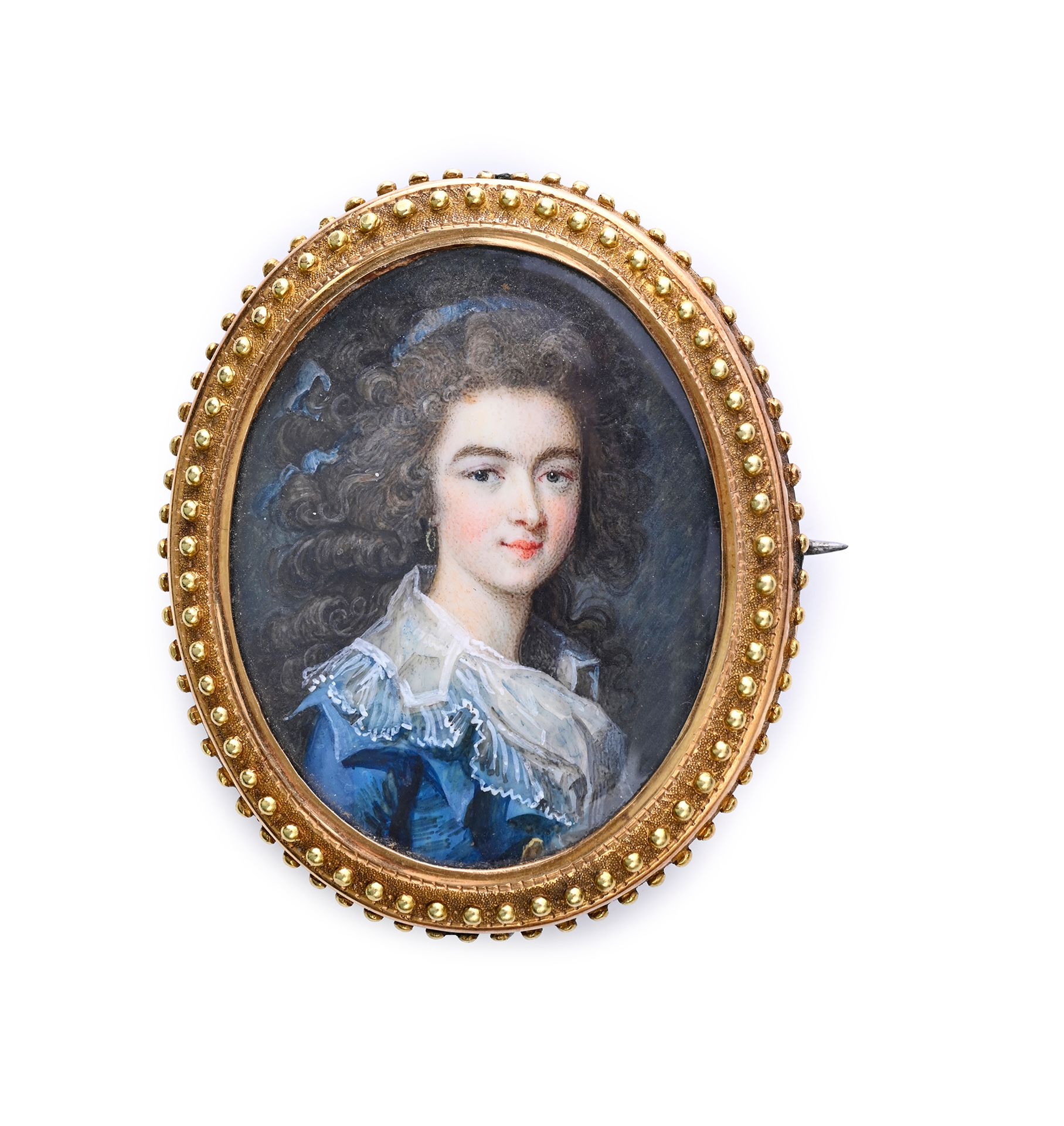 École française du XVIIIe siècle 未署名的年轻女性半身椭圆形微型肖像，右侧四分之三处身着蓝色连衣裙和蕾丝领，长卷发上饰有蓝色丝带&hellip;