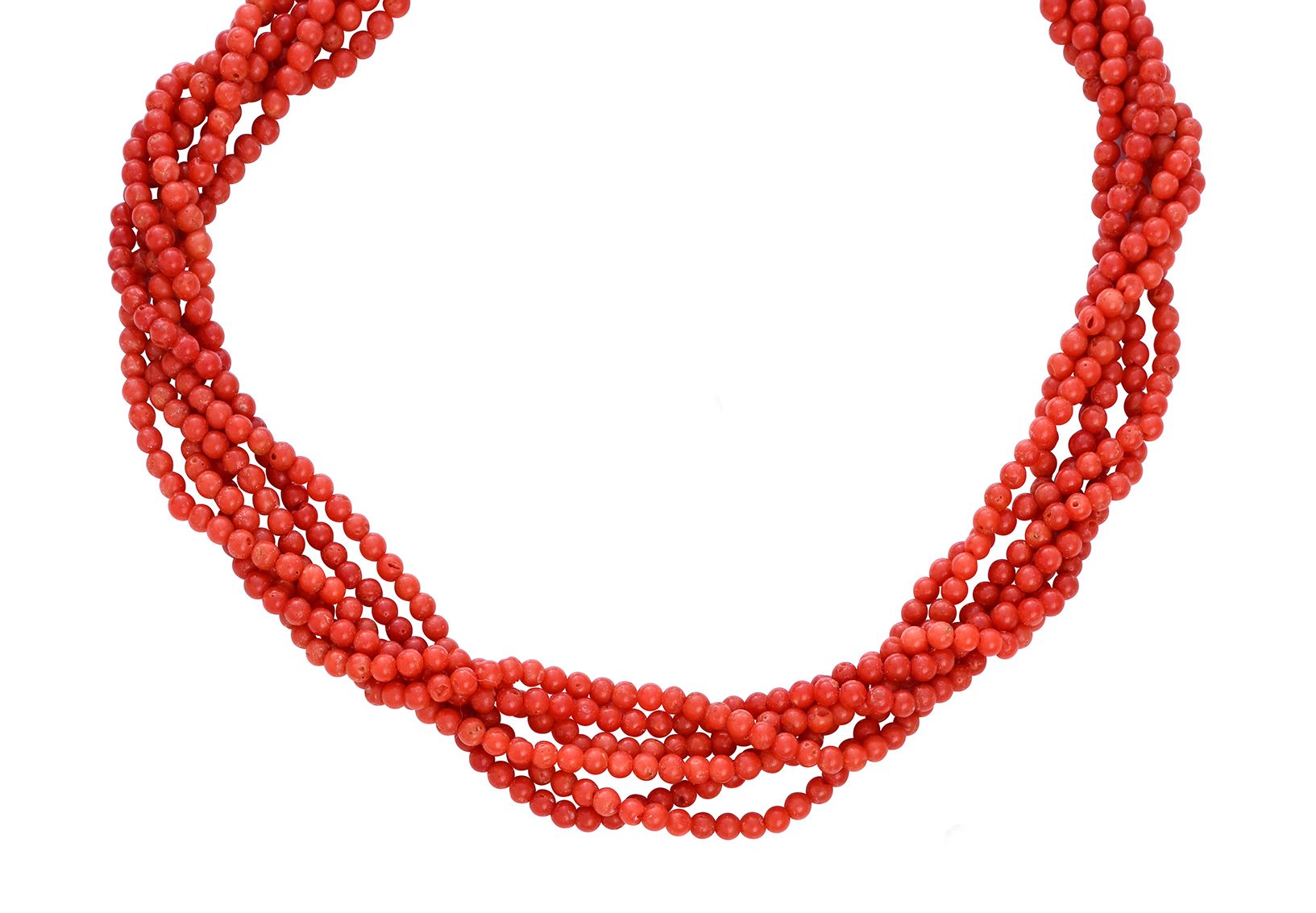 Null Halskette aus 6 Reihen Korallenperlen, Federringverschluss aus Vermeil (925&hellip;