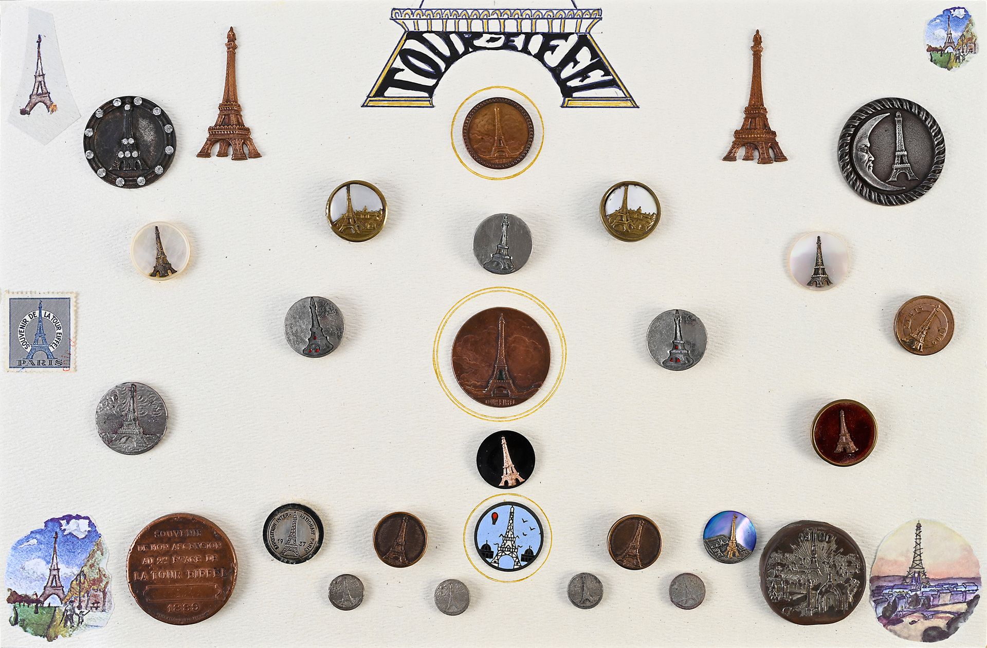 Null 埃菲尔铁塔主题纽扣，约 1887-1940 年，一套 8 枚大纽扣和 9 枚领扣，采用金属、珍珠母和珐琅材质，其中最引人注目的是铸钢材质，描绘的是铁娘&hellip;