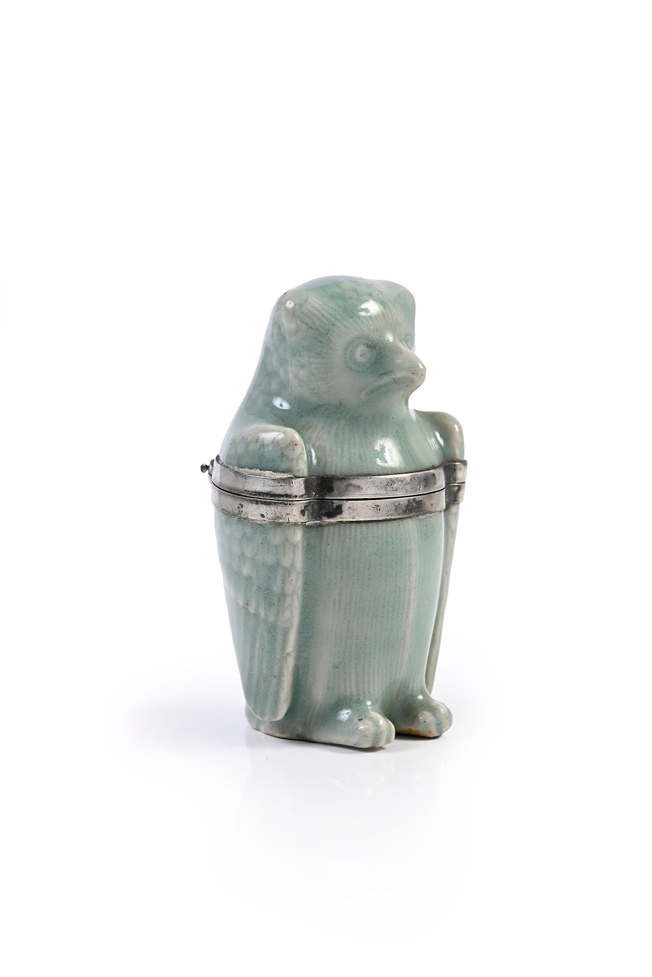 Null Celadon earthenware salt bottle featuring an owl, silver mount.
Mid-twentie&hellip;