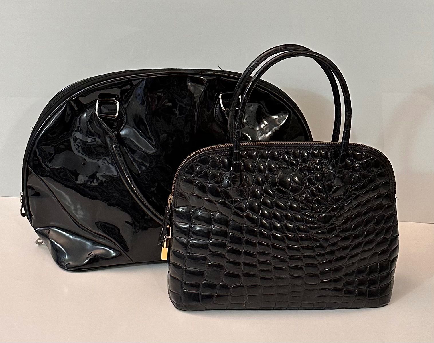 Null POURCHET, black crocodile-style leather handbag. Traces of wear. Height: 22&hellip;