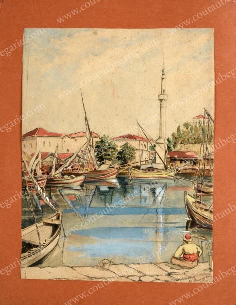 ÉCOLE RUSSE DU DÉBUT DU XXE SIÈCLE 
Vue d'un port près d'Istanbul.
Aquarelle, si&hellip;