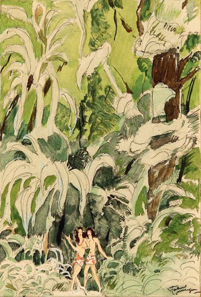Jean Gabriel Domergue (1889-1962) Tahitiennes sur fond de forêt luxuriante Aquar&hellip;
