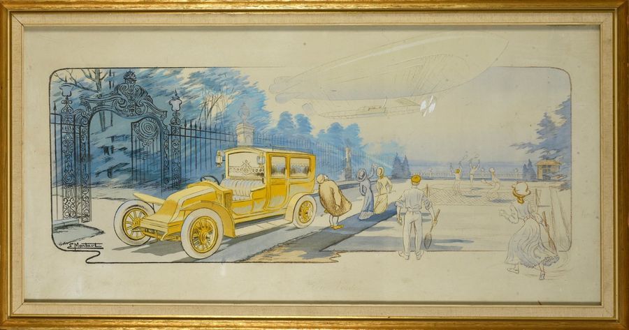 Ernest Montaut (1879-1936). Lithographie couleurs «En visite, automobile près d'&hellip;