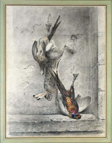 XAVIER DE PORET (1894 - 1975) Nature morte au lièvre, au faisan et à la poule fa&hellip;