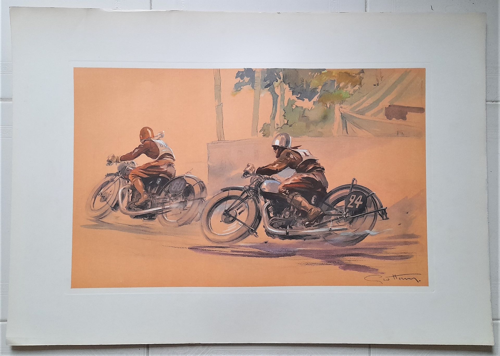 Géo HAM, pseudonyme Georges HAMEL "Les deux motards" Lithographie en couleur. Ti&hellip;