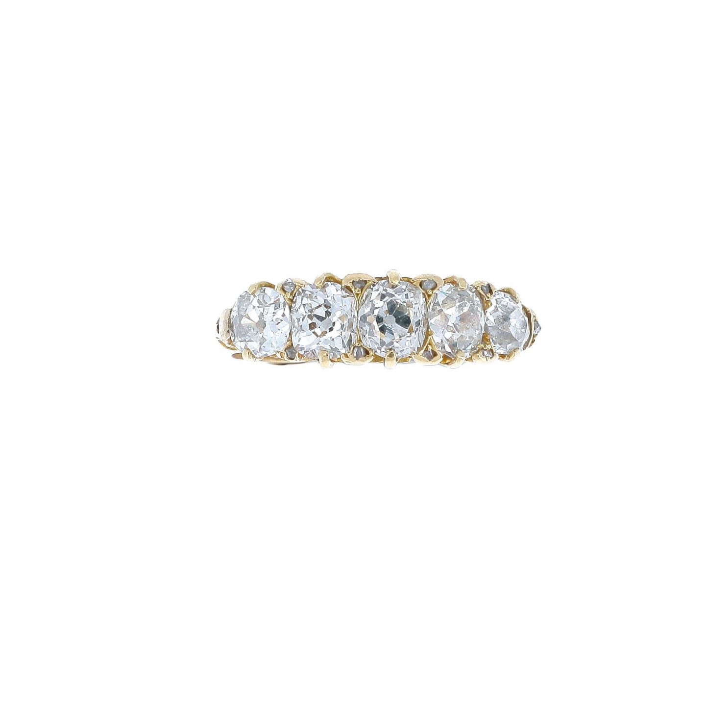 Null 河流之环

黄金，镶嵌五颗老式切割钻石。

约1910年。

一枚18K金和钻石戒指。



RC :

英文作品。

TDD：58，US：8 1/2&hellip;
