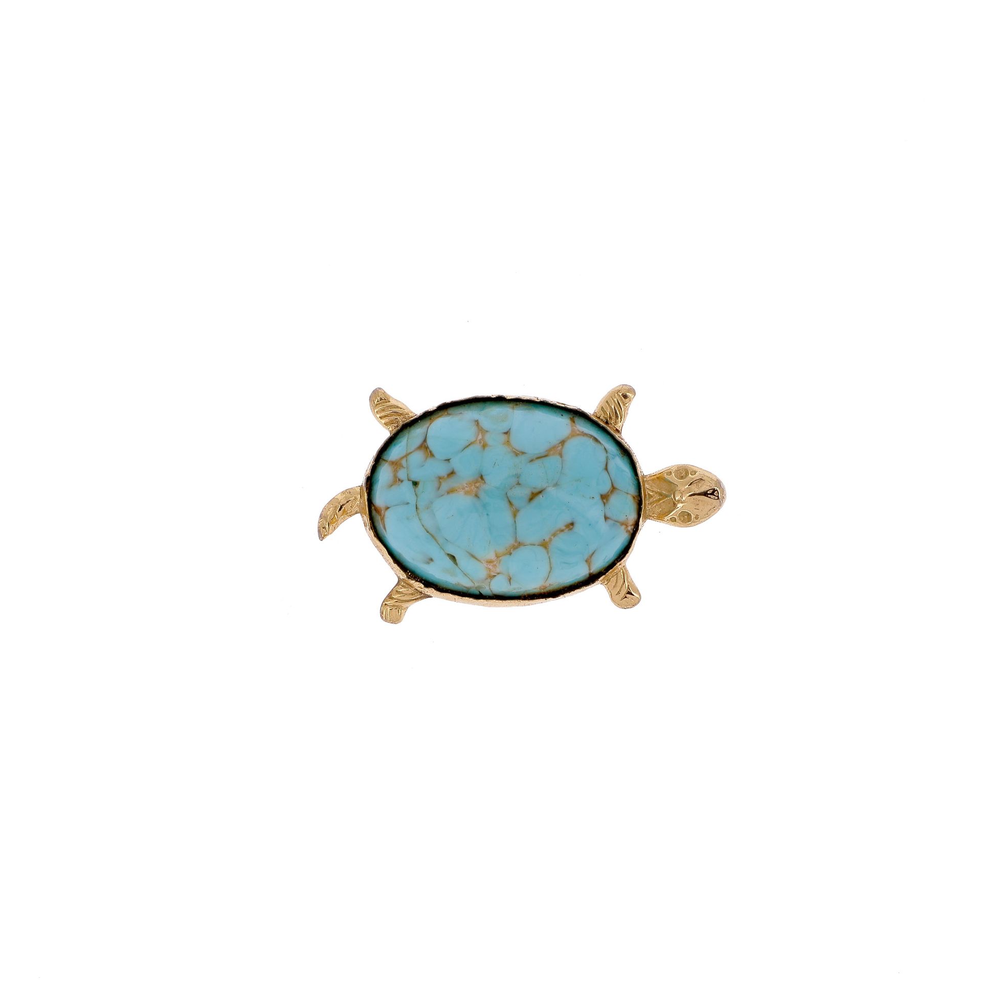Null 羚羊肉串

黄金材质，外壳为凸圆形绿松石。

一枚绿松石和18K金的海龟胸针。



RC :

尺寸：3,6 x 2,2厘米左右。

重量：9.5克&hellip;