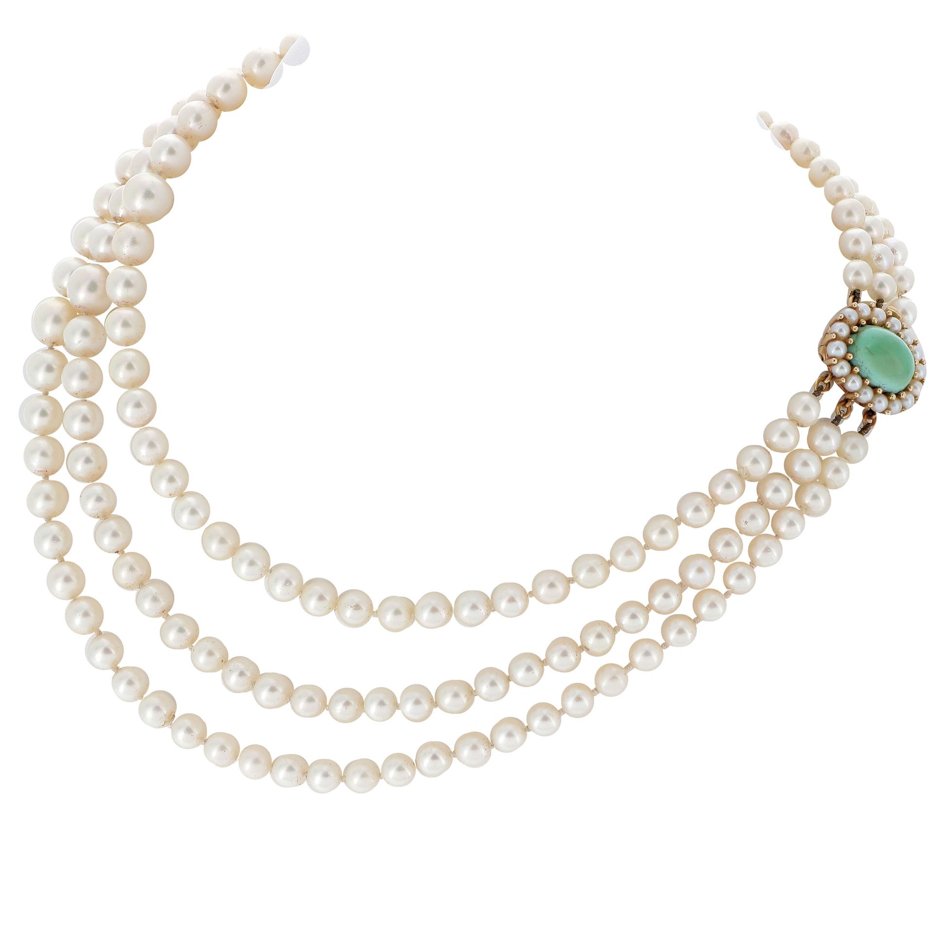 Null 三排养殖珍珠项链

由三排养殖珍珠组成，黄金表扣，以珍珠环绕的凸圆形绿松石为中心。

一条三条养殖珍珠的项链。



RC :

珍珠的直径：5.6 &hellip;