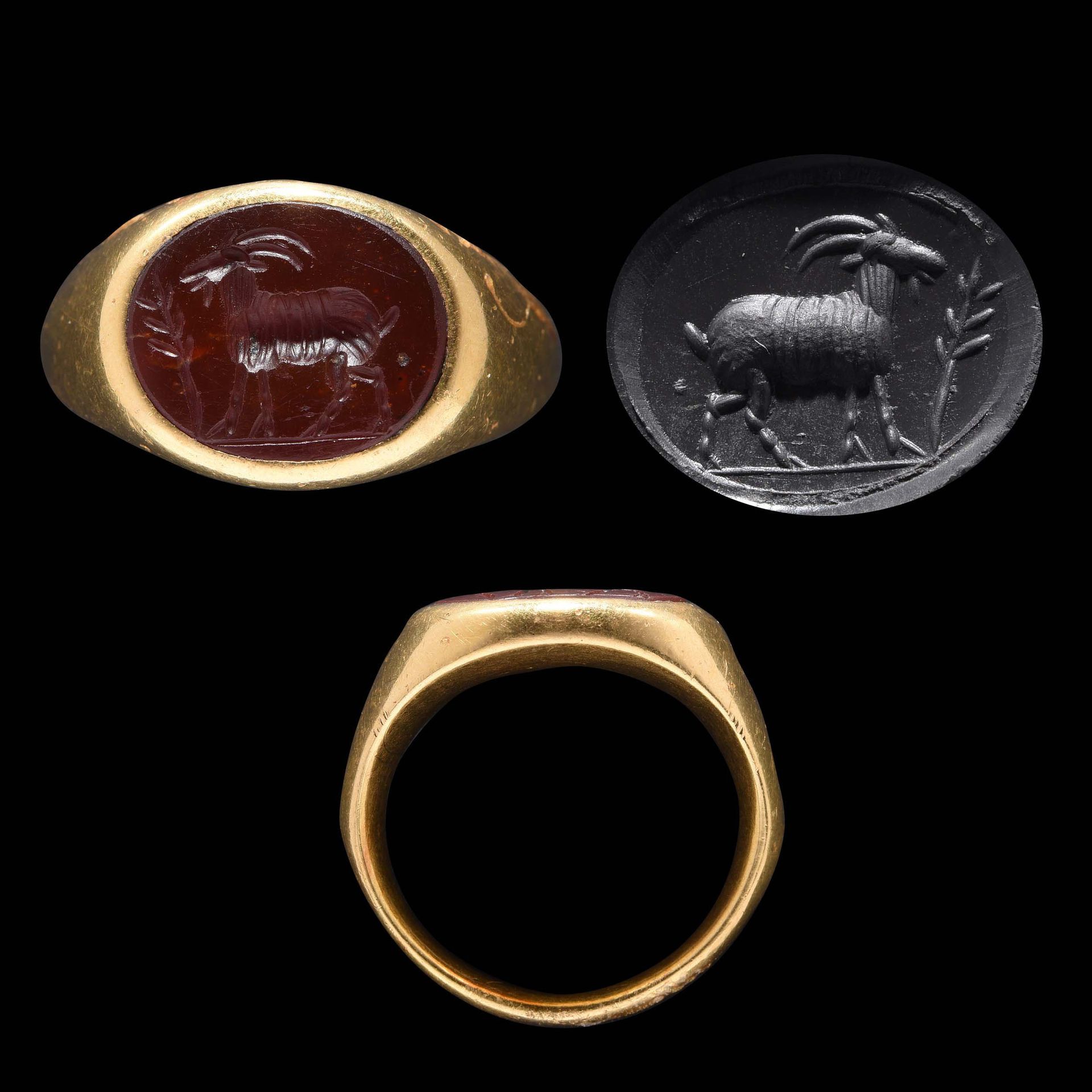 Null 戒指

罗马艺术，2世纪。

黄金，镶嵌在红玉髓上的凹印。

卡普里德在左边的轮廓。在田野里有一穗麦子。

底线。凹版画13×16毫米；TD 56；1&hellip;