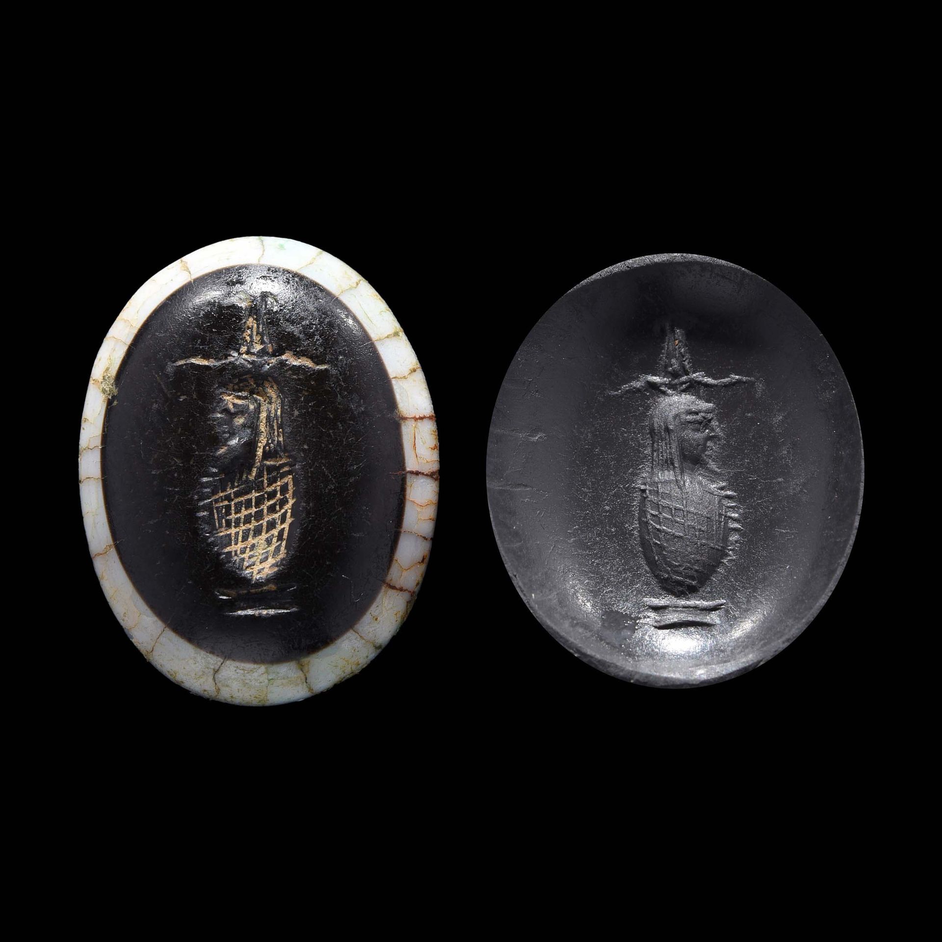 Null 信息

罗马艺术，2世纪。

由条纹玛瑙制成，凸面刻有一个带有奥西里斯头像的卡诺皮克花瓶

奥西里斯的头冠上有阿特夫。石头边缘的裂缝。

保存得很好。&hellip;