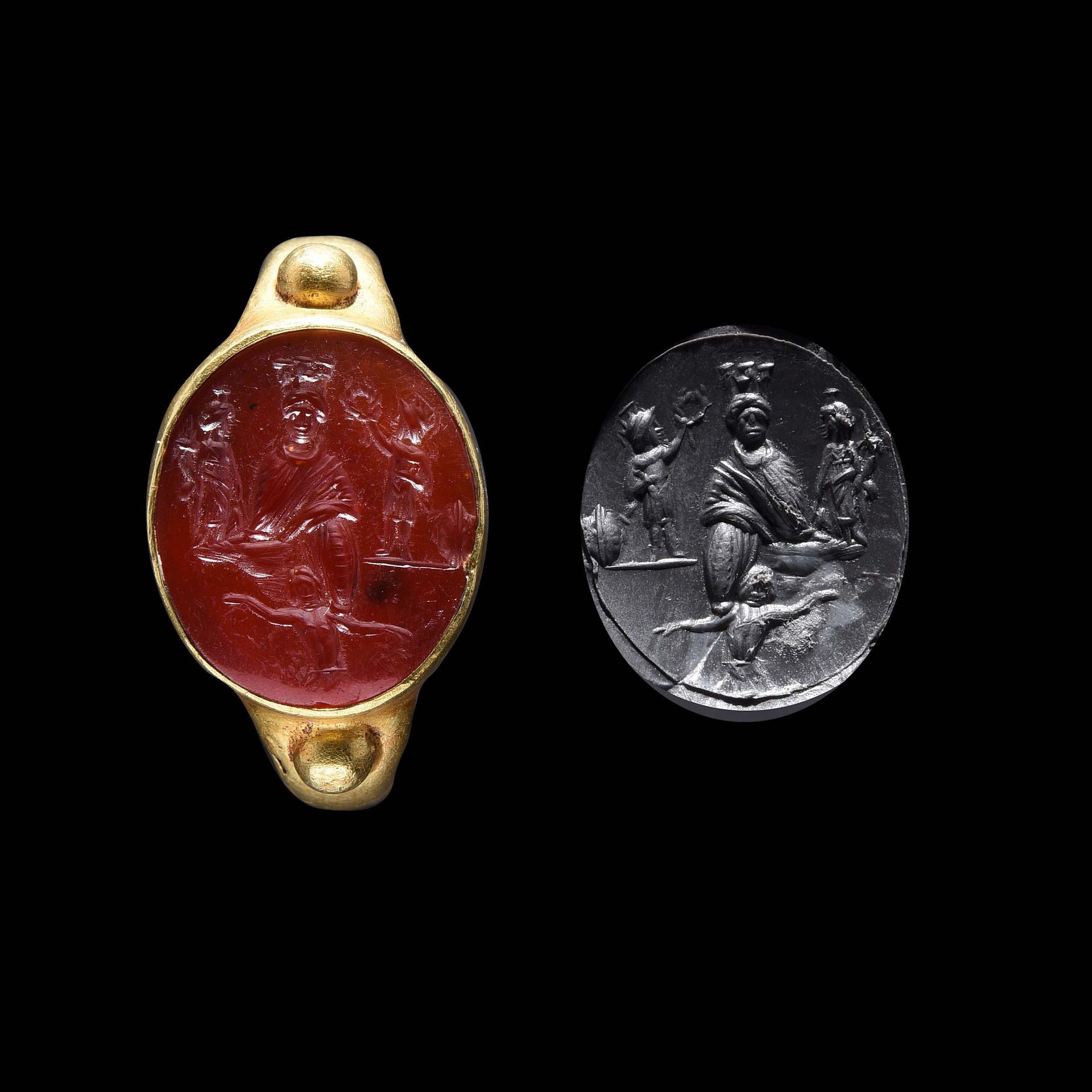 Null 镶嵌有凹版的戒指

东罗马艺术，1-2世纪。

罗马金戒指，上面镶嵌着红玉髓上的凹刻图案。

安提阿的泰切被奥伦提斯河挡住了去路，被包围了。

火星和&hellip;