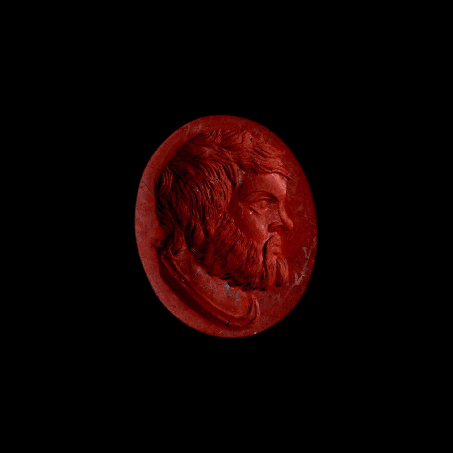 Null 罗曼-英塔格利奥

在红色碧玉上。一个野蛮人的画像，在侧面五。

右边。东地中海，2-3世纪，16 x 13毫米

一件东地中海红碧玉凹版画，描绘了
&hellip;