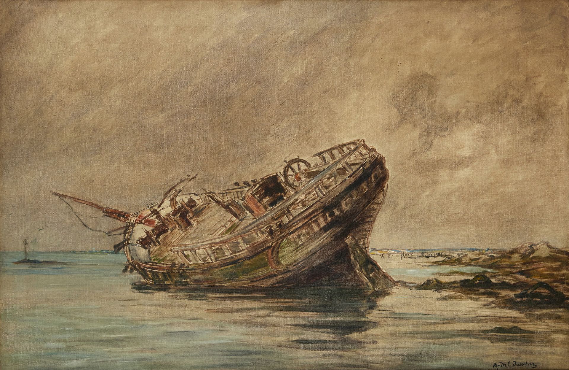 Null ANDRÉ DAUCHEZ (1870 - 1948)
Wreck at low tide
Oil on canvas 
Signed lower r&hellip;