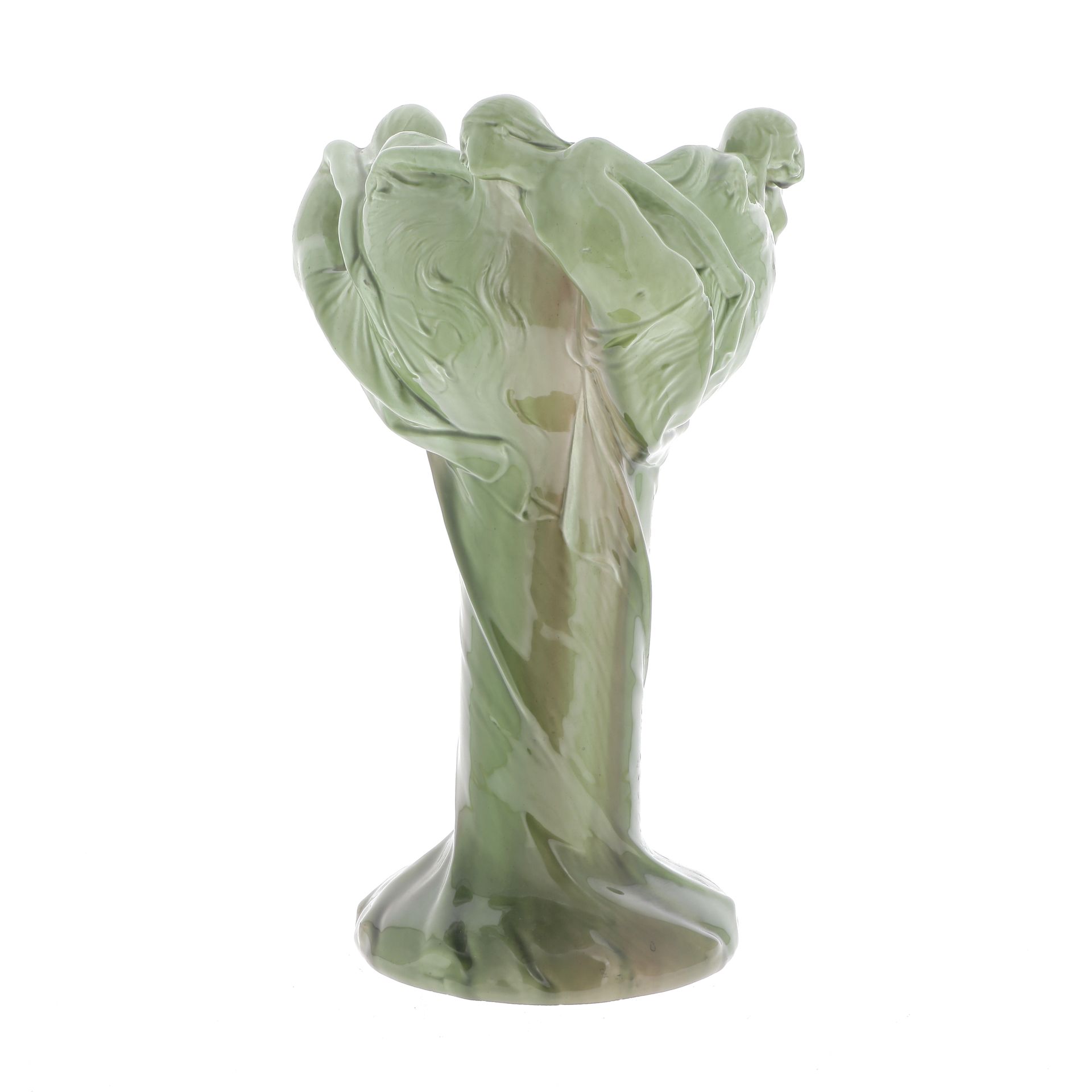 Null 制造delphin massier, 归功于
新艺术运动风格的绿色陶瓷碗，有运动中的女性裸体浮雕装饰
高：46.5厘米