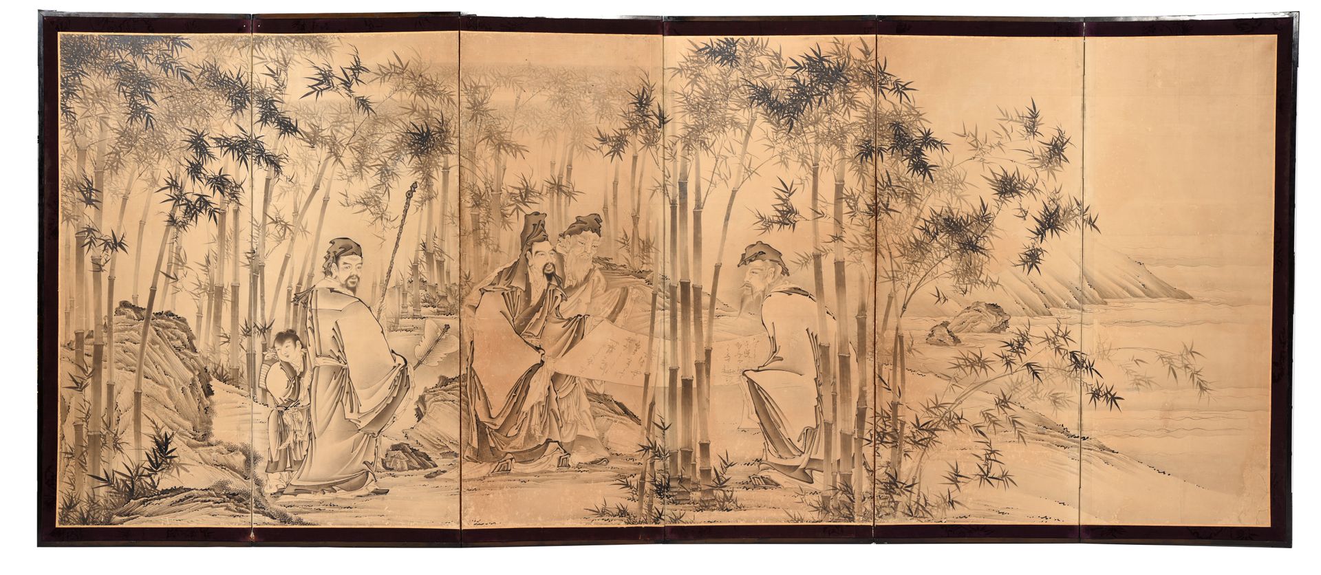 Null 六扇门折叠式屏幕
纸上水墨，表现竹林中的圣人。
日本，明治时期(1868-1912)
170 x 396 cm