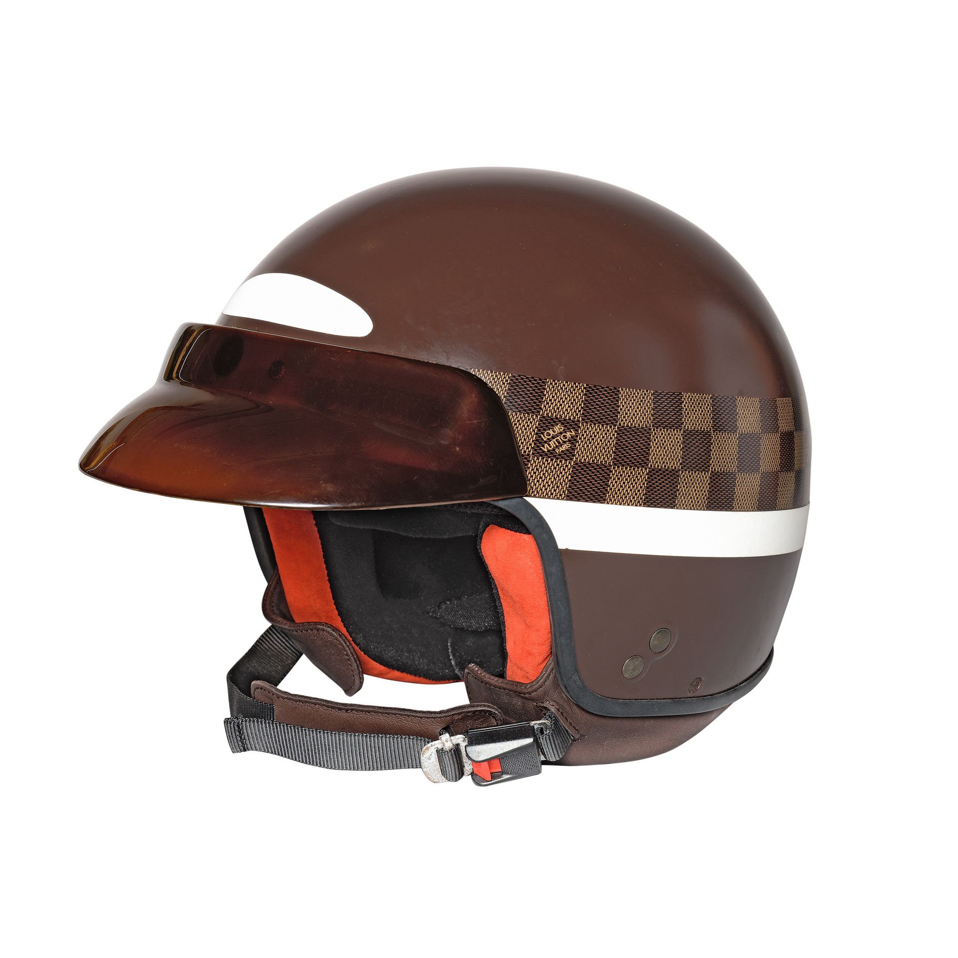 LOUIS VUITTON Brown motorcycle and plastic helmet. With …