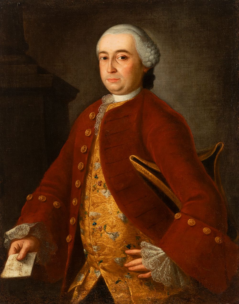 Spanish school; circa 1760- 1770. 西班牙学校；约1760-1770。

"一位绅士的肖像。

布面油画。重修

它呈现出缺陷，&hellip;