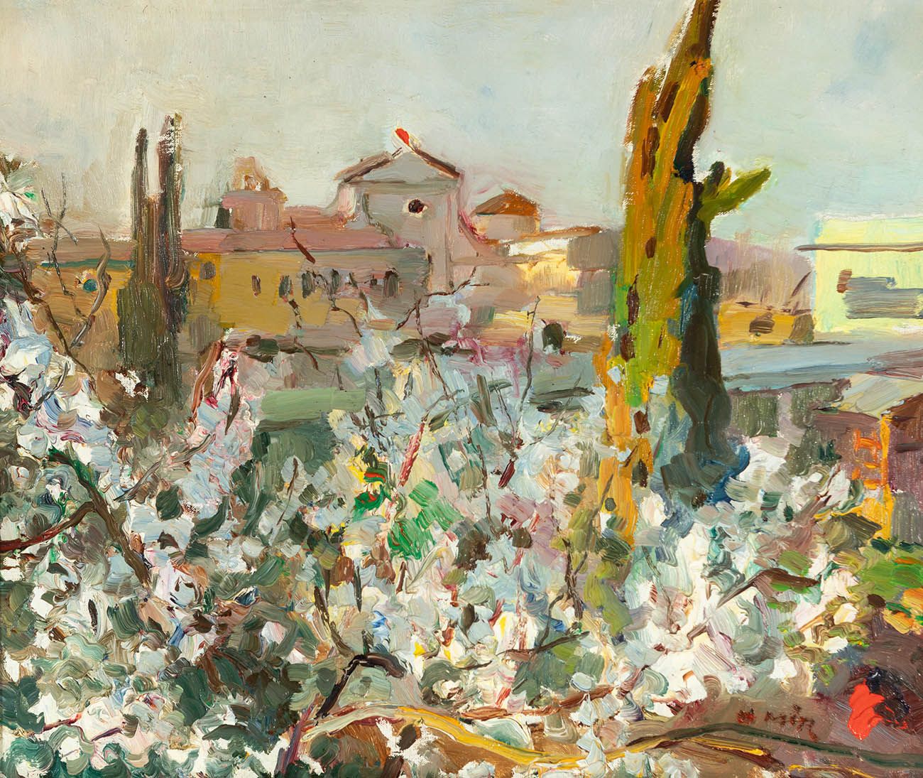 Null JOAQUIM MIR TRINXET (Barcelona, 1873 - 1940).
 《杏树开花的风景》。
布面油画。
右下角有签名。
尺寸：&hellip;