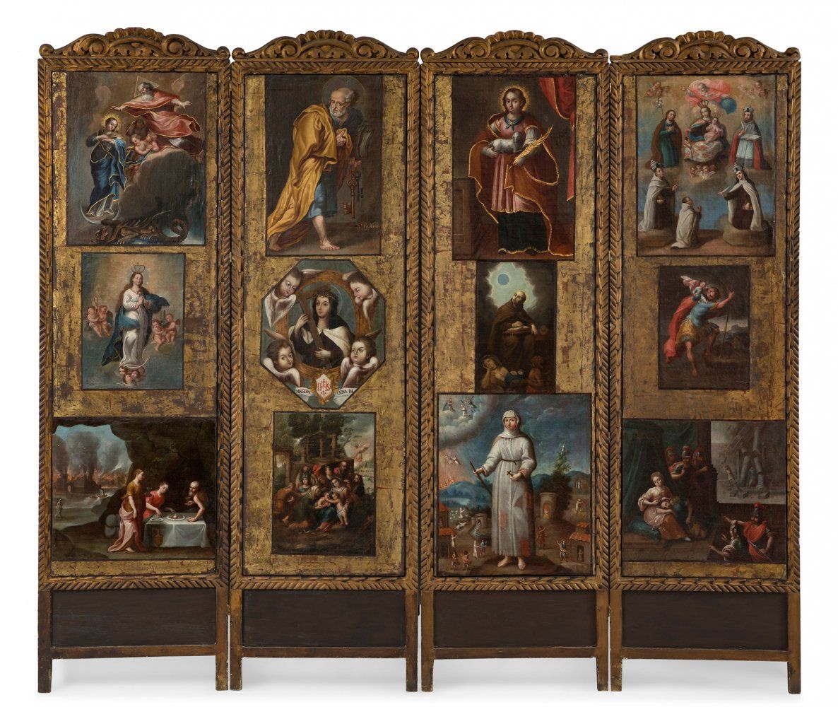Null JOSÉ PÁEZ（墨西哥，1720 - 1790）和学校。
"宗教场景的屏风"。
十二幅布面油画安装在一个木制屏幕上。
其中两个场景有签名。
尺寸。&hellip;