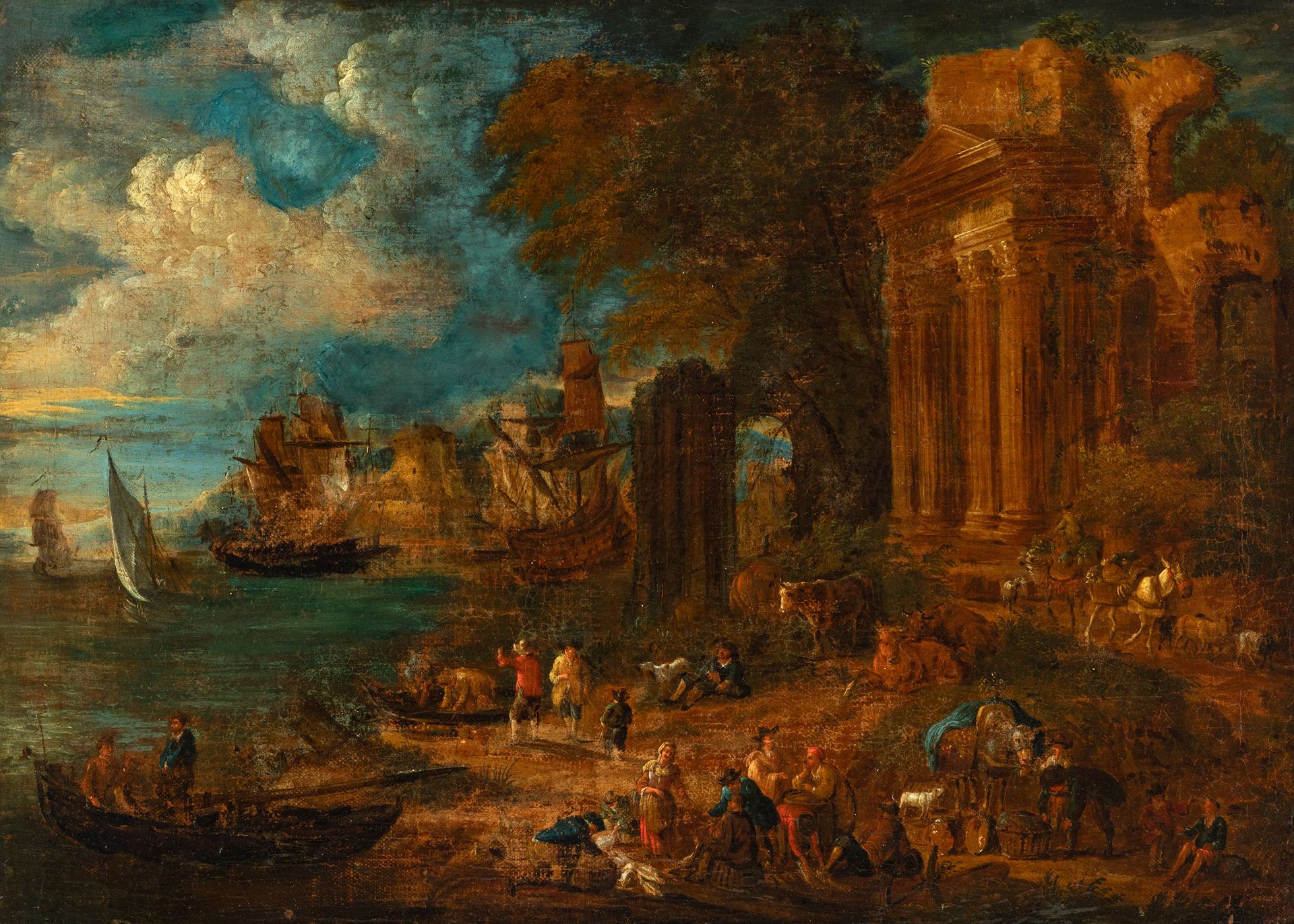 Null Ecole hollandaise du 18ème siècle.
"Paysage avec ruines et personnages".
Hu&hellip;