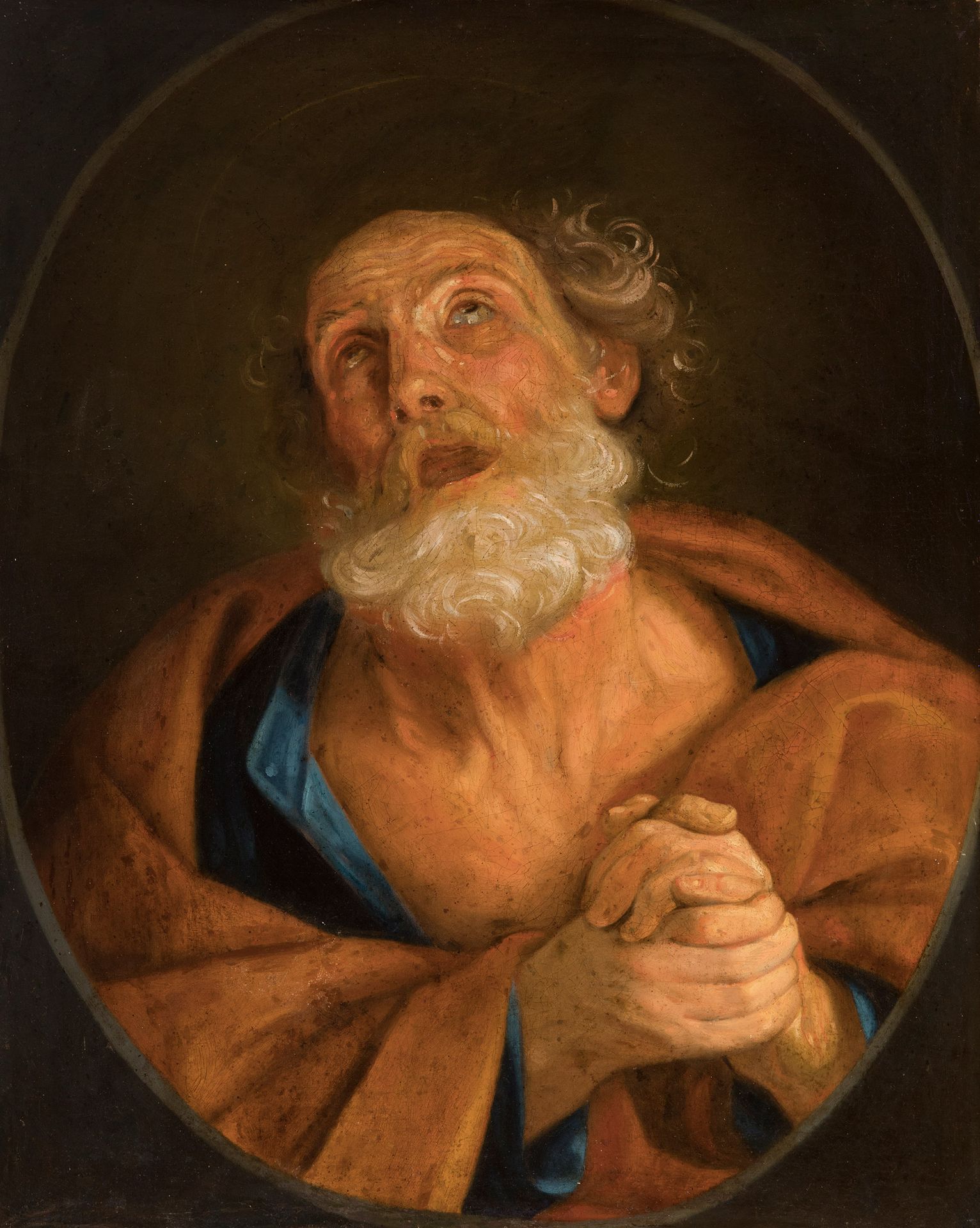 Null 意大利学校；17世纪。
"圣彼得的眼泪"。
布面油画。
它在画面上呈现出修复和重绘的效果。
尺寸。74 x 59厘米。
这幅作品的艺术家在作品的周边模&hellip;