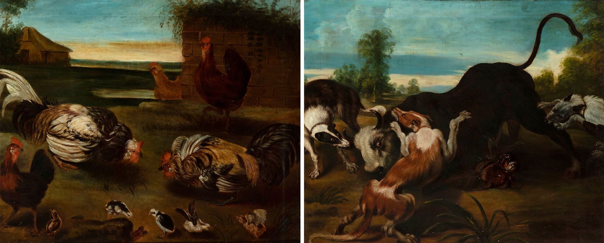 Null Flemish school, 18th century.
"Farmyard scene" and "Dogs and bull".
Pair of&hellip;