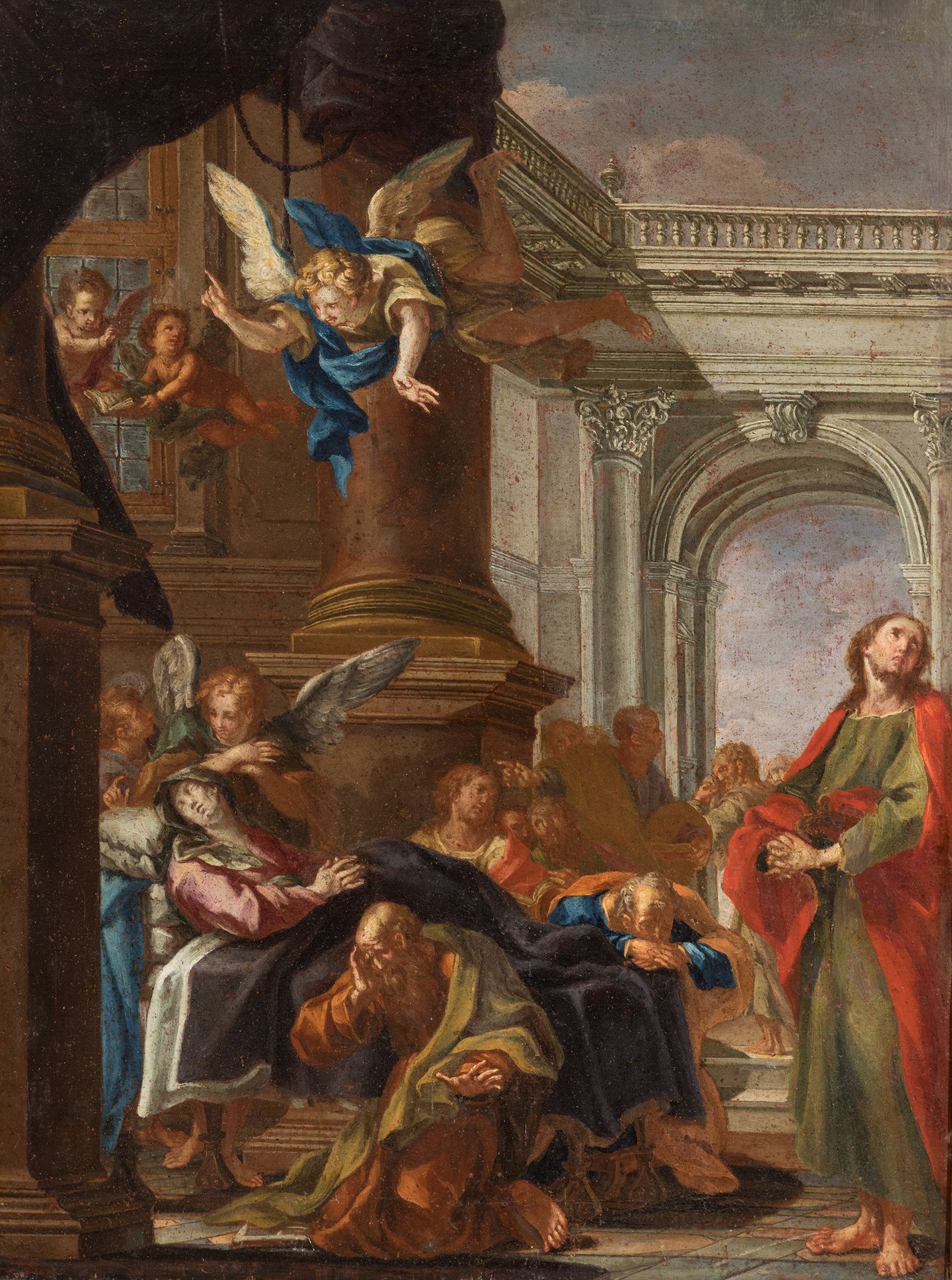 Null 意大利学校；18世纪。
"圣女的转运"。
布面油画。古老的重新上色。
呈现出修复的效果。
它保留了一个时期的框架。
尺寸。63 x 49厘米；76 x&hellip;
