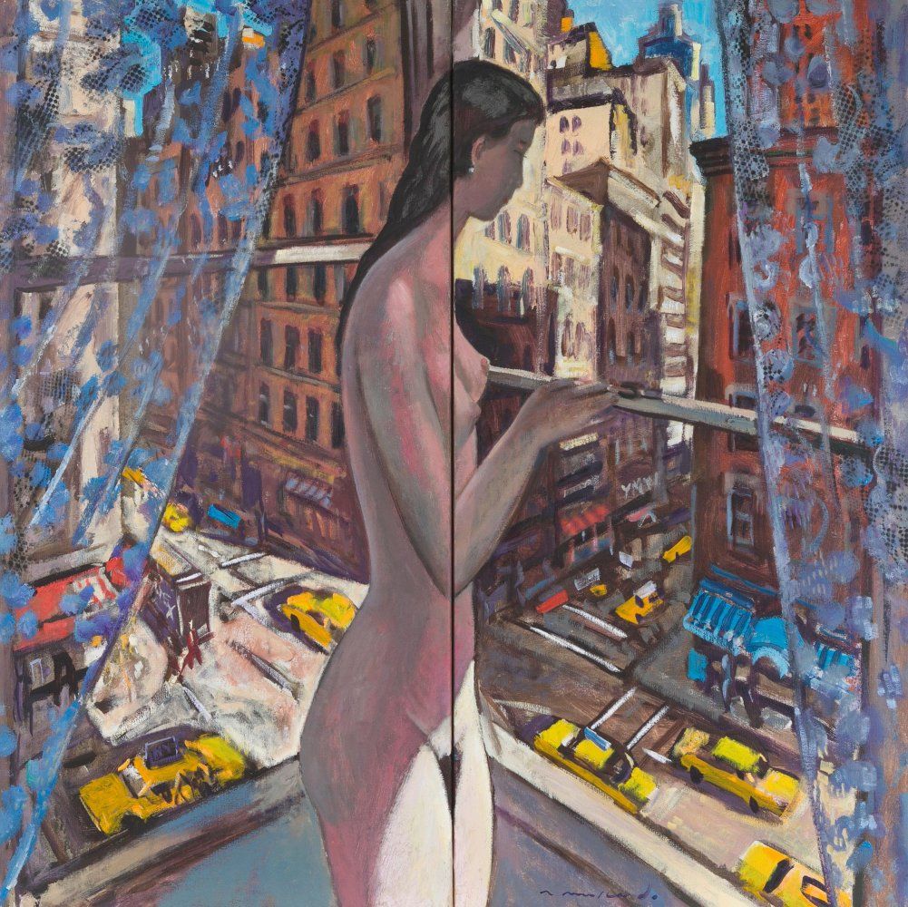 Null RAMON MOSCARDÓ FERNÁNDEZ（巴塞罗那，1953）。
"窗前的裸体，纽约"。
布面油画。双联画。
右下角有签名，背面有标题。
附有&hellip;