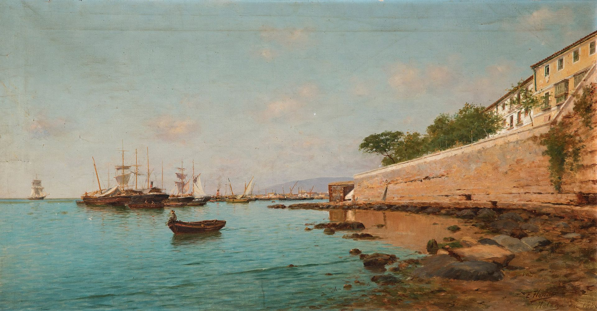 Null ENRIQUE FLORIDO BERNILS（马拉加，1873 - 1929）。
"马拉加的港口"，1880年。
布面油画。
在右下角有签名和日期。&hellip;