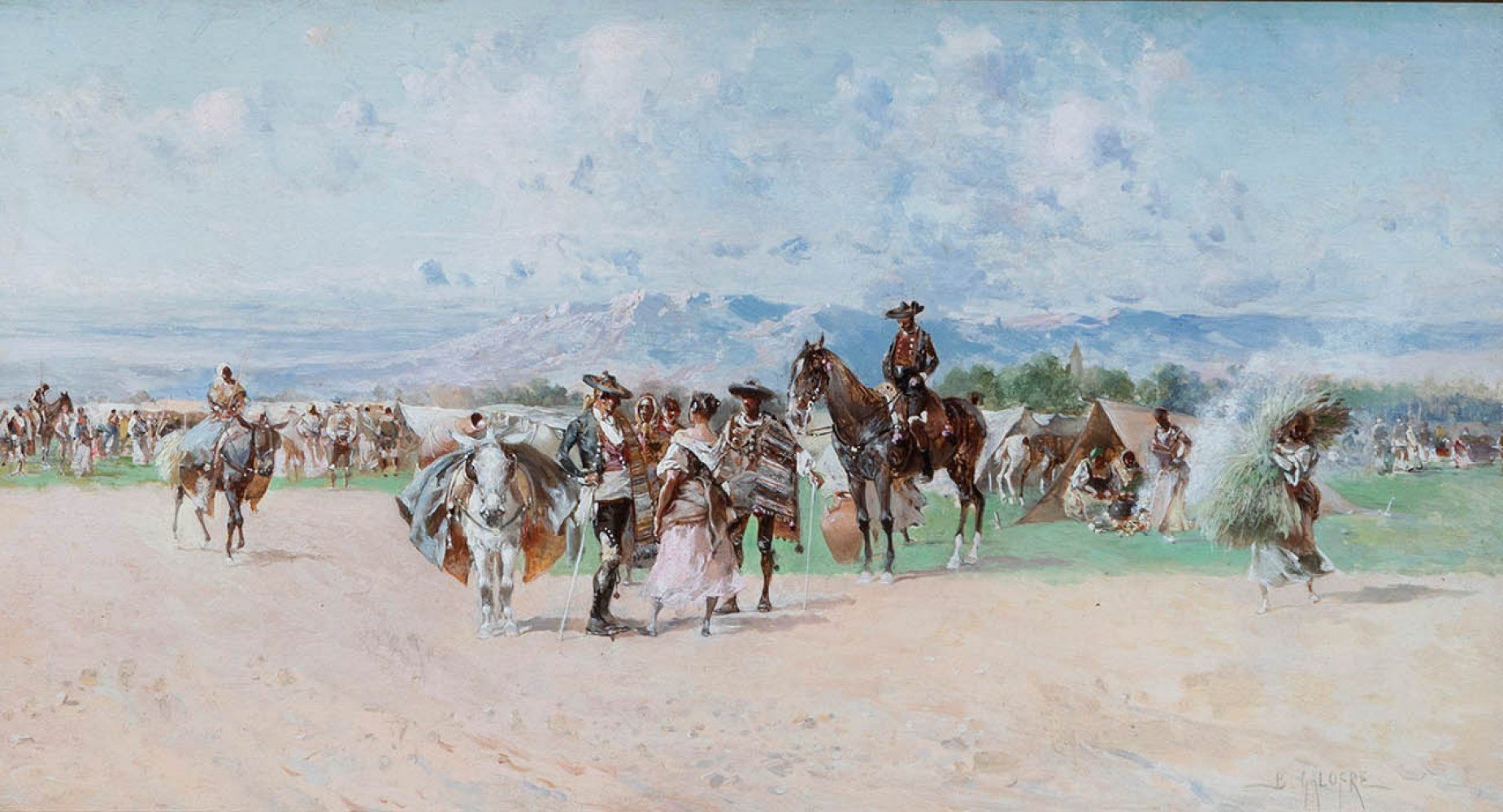 Null BALDOMERO GALOFRE JIMÉNEZ (1846年，塔拉戈纳的Reus - 1902年，巴塞罗那)。
"有马和吉普赛营地的风景"。
油画&hellip;