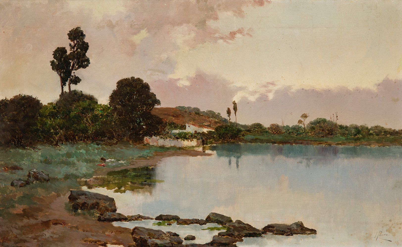 Null JOSÉ PONCE PUENTE（马拉加，1862-1931）。
"拉古纳"。
油画板上。
右下角有签名。
修复工作。
镜框。
尺寸。44 x 70&hellip;