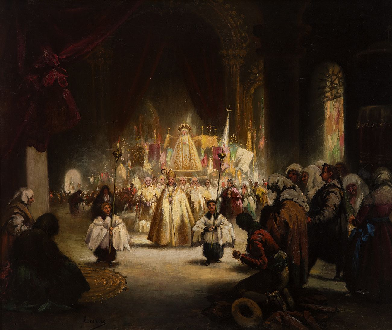 Null EUGENIO LUCAS VELÁZQUEZ（马德里，1817 - 1870）。
"宗教仪式"。
布面油画。
左下方有签名。
背面有巴塞罗那Sala&hellip;