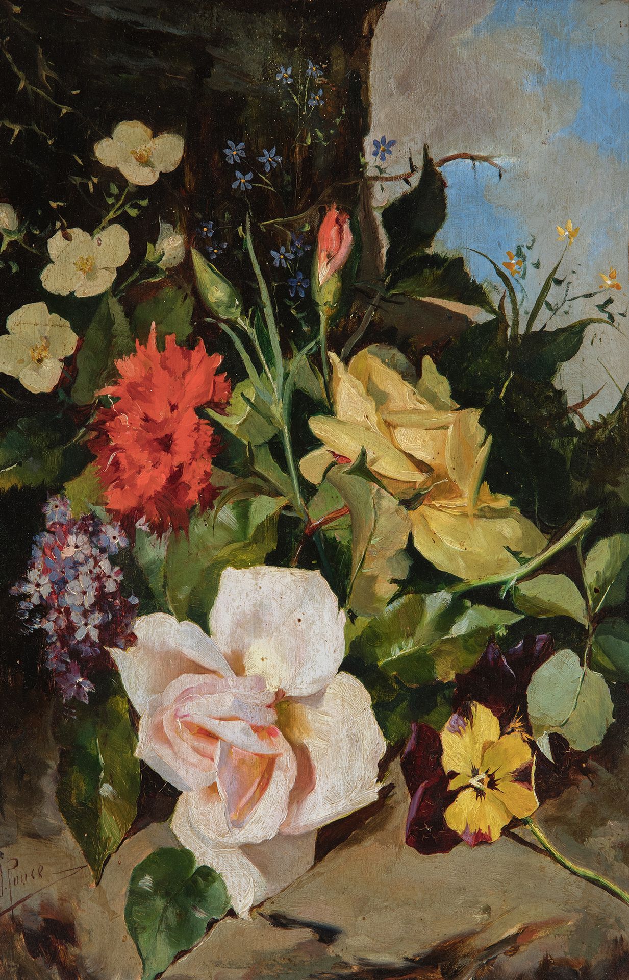 Null JOSÉ PONCE PUENTE（马拉加，1862-1931）。
"花"。
油画板上。
左下角有签名。
框的时期。它呈现出缺陷。
尺寸。36 x 2&hellip;