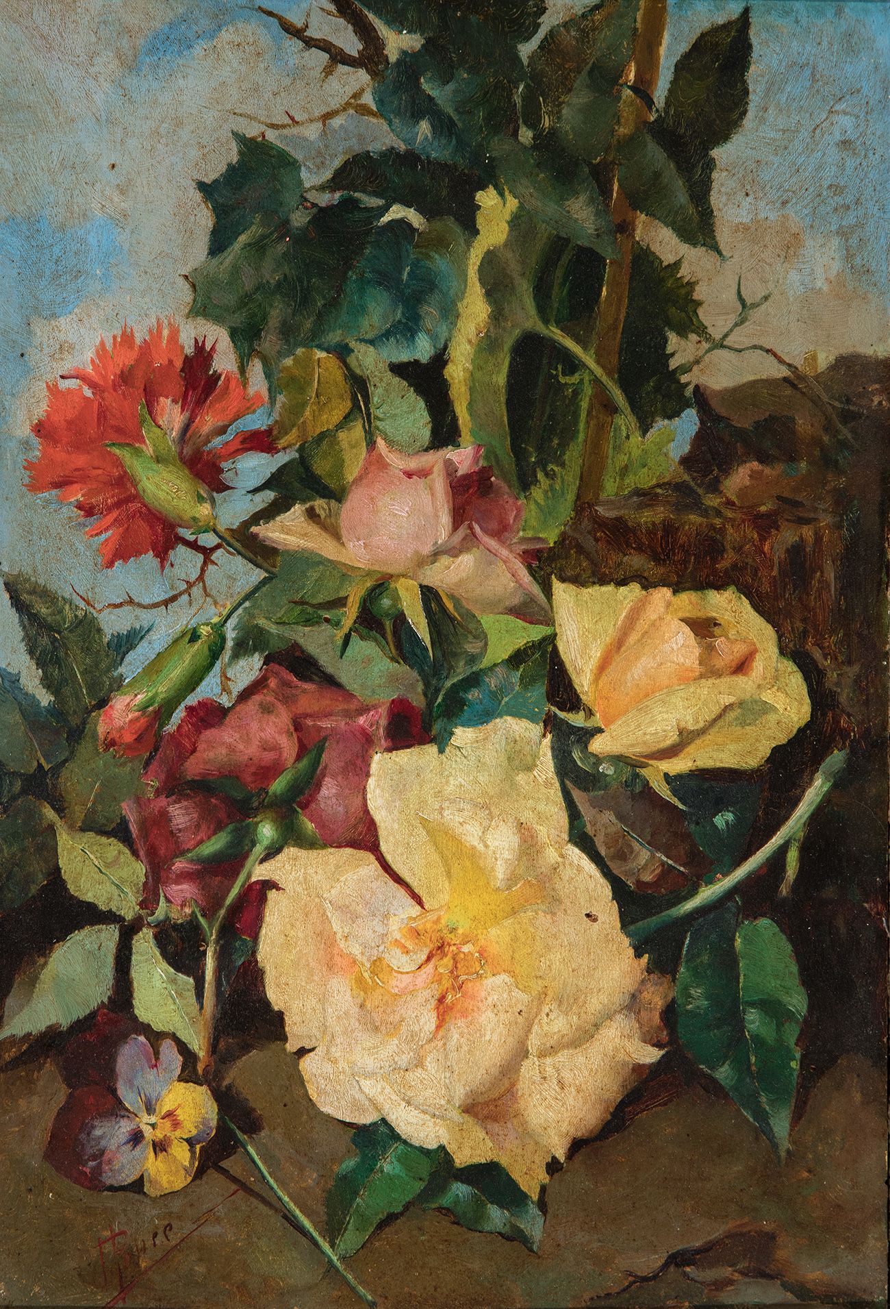 Null JOSÉ PONCE PUENTE（马拉加，1862-1931）。
"花"。
油画板上。
左下角有签名。
框的时期。它呈现出缺陷。
尺寸。35.5 x&hellip;