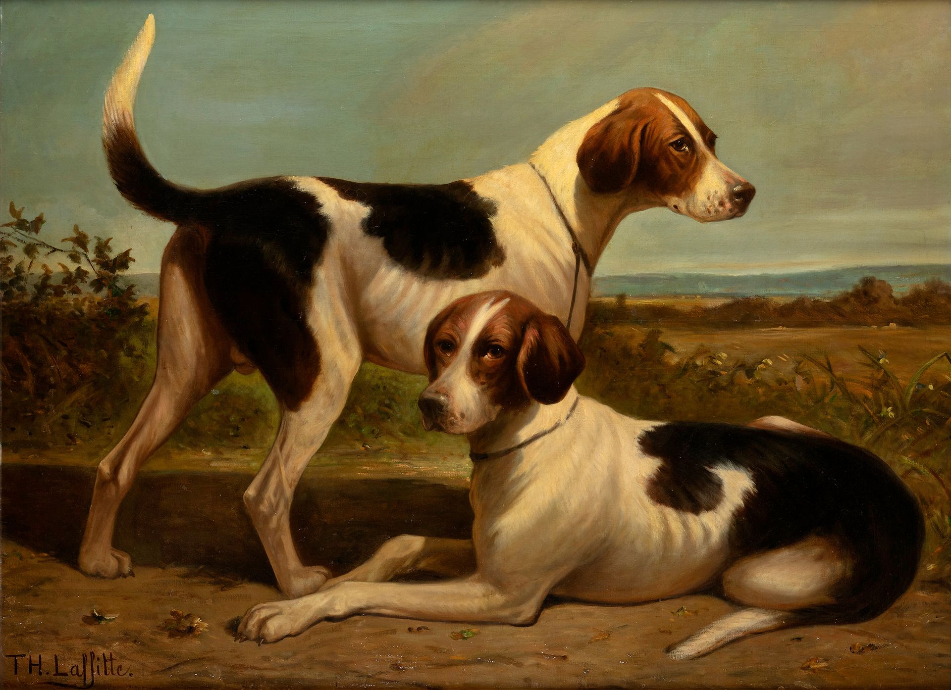 Null THÉODORE LAFITTE（法国，1816-约1875）。
"狗"。
布面油画。
左下角有签名。
尺寸：105×144厘米；127×163厘米（&hellip;