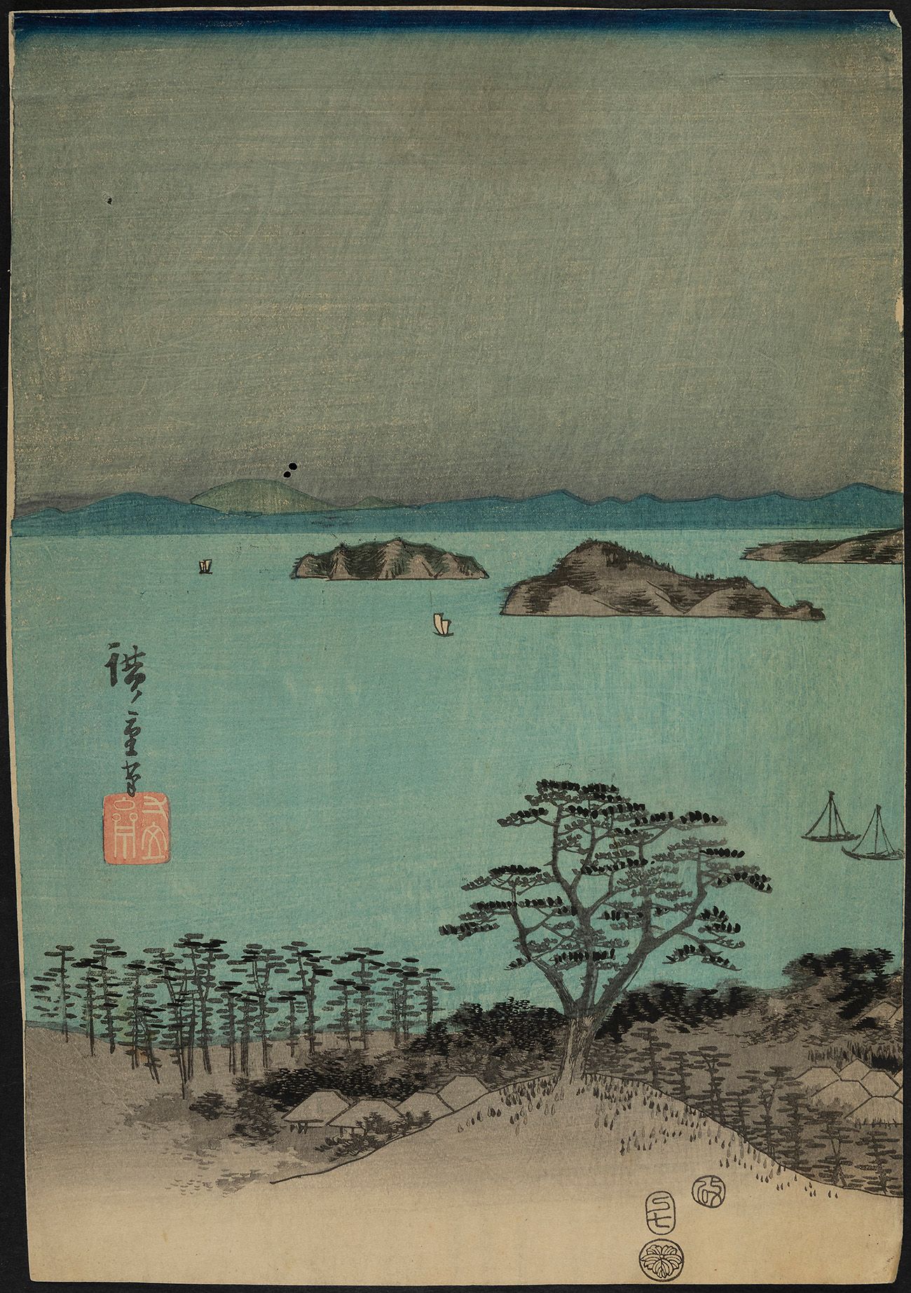 Null 20世纪初的日本画派。在HIROSHIGE UTAGAWA（东京，1797 - 1858）之后。
"木曾路上的雪景"。
石版画。
已签名。
纸张上有三&hellip;