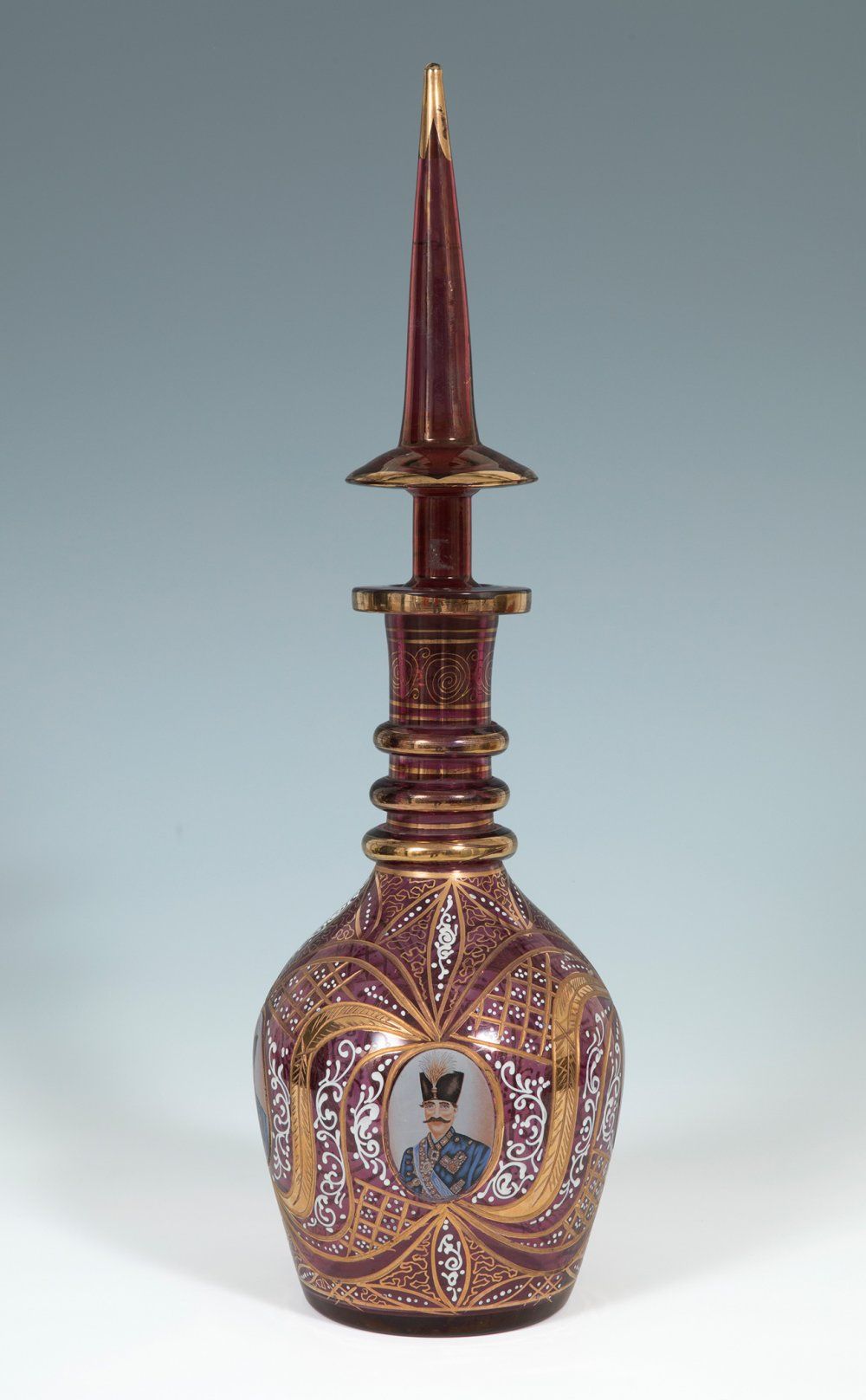 Null Decanter; Bohemia, c. 1900. 

Enameled and gilded glass. 

Presents losses &hellip;