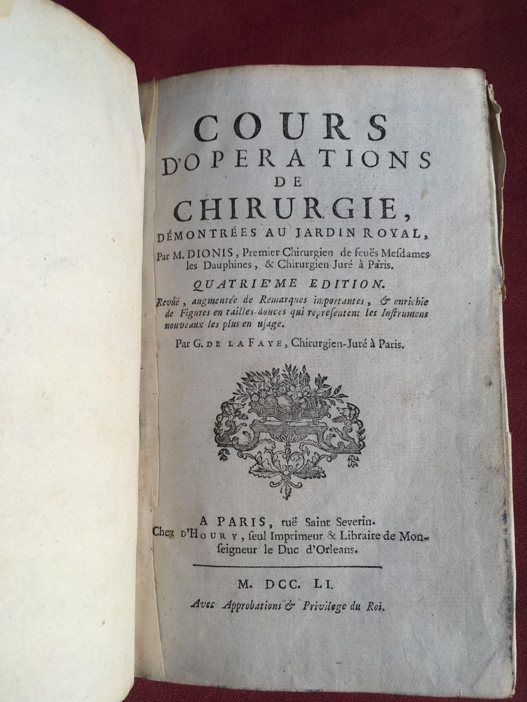 Null Livres : Dionis « Cours d'opérations de chirurgie », 1761, reliure ancienne&hellip;